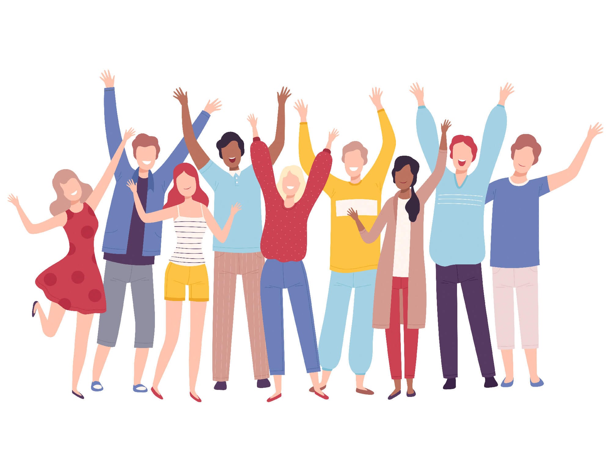 Grupo diverso de personas celebrando con brazos levantados