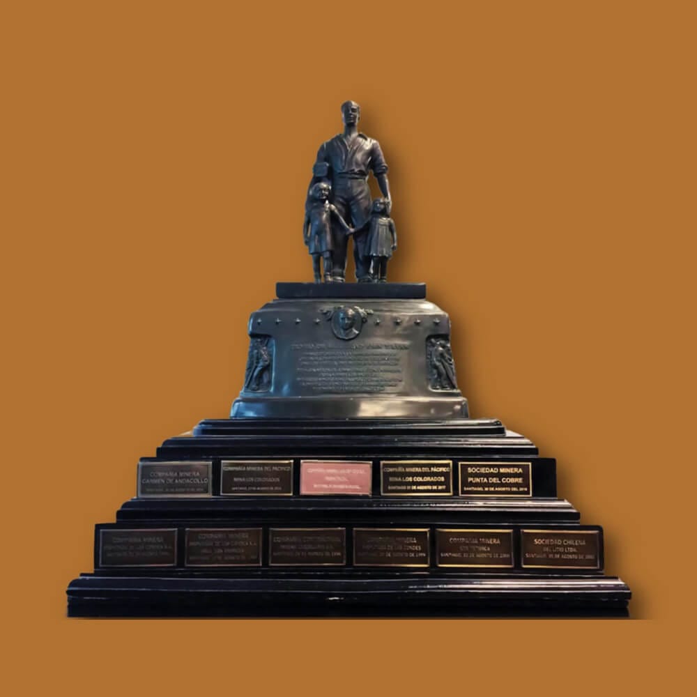 Estatua de minero con dos niños en pedestal