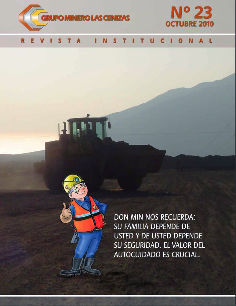 Portada revista minera con maquinaria y mensaje de seguridad